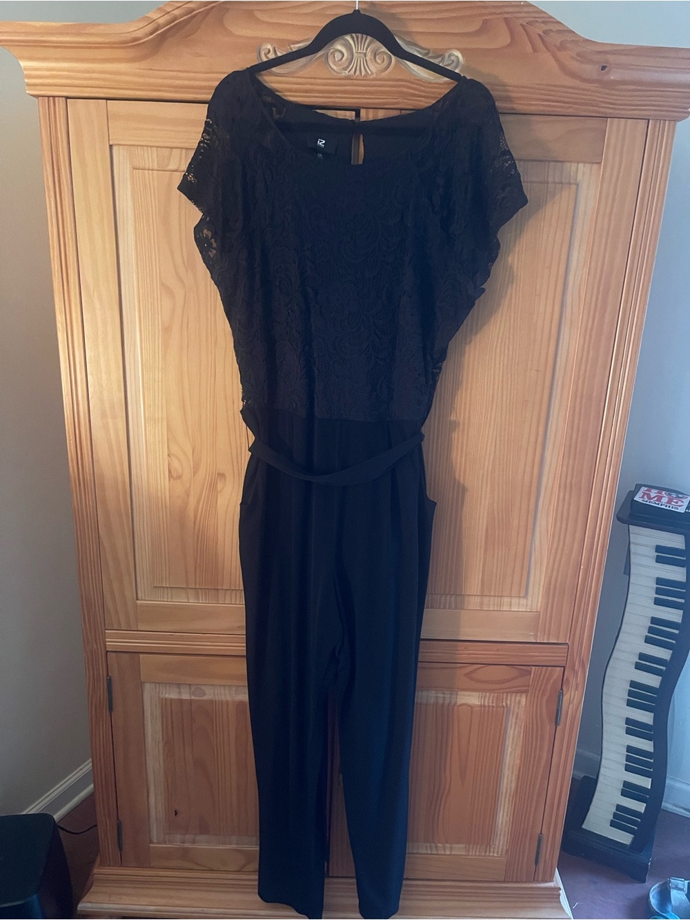 Iz Byer Black Lace-Overlay Jumpsuit